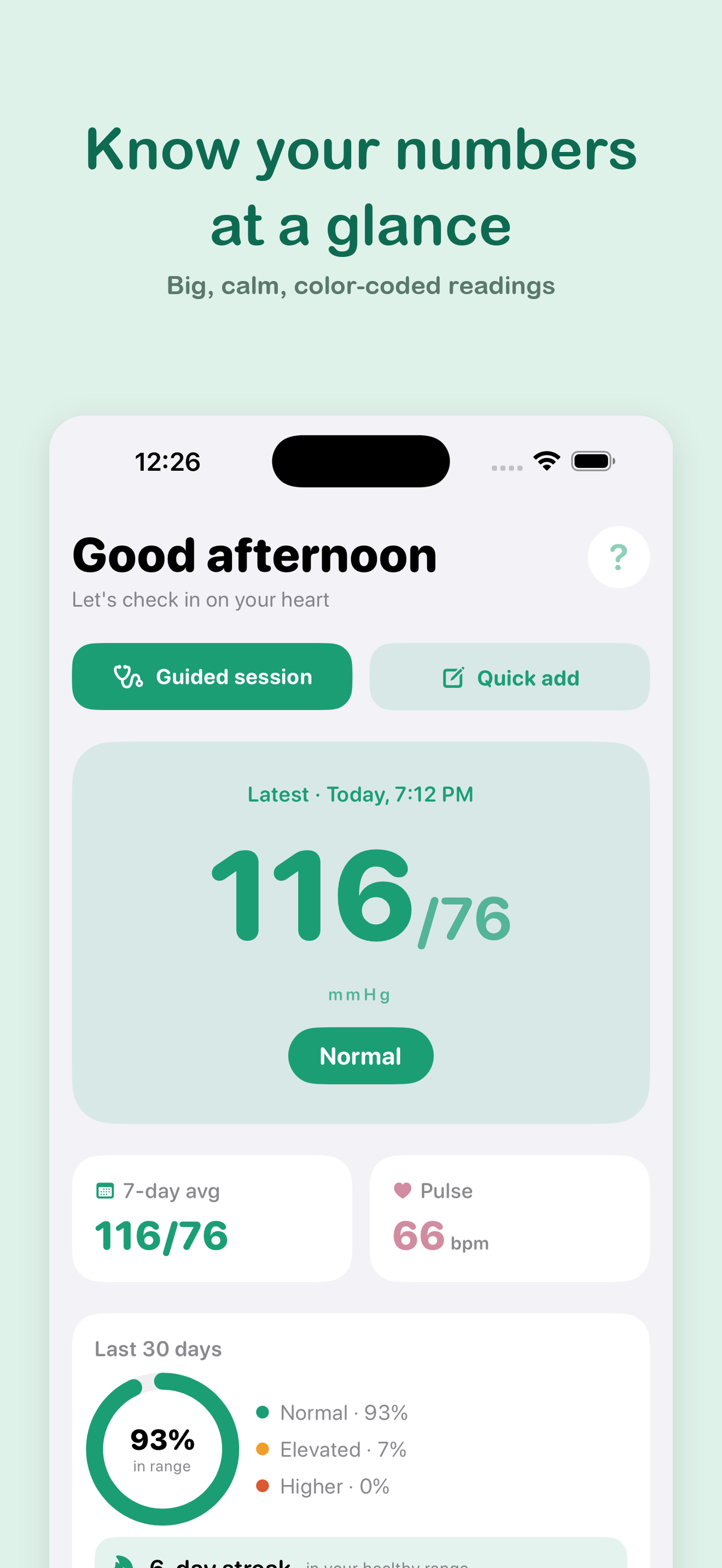 Home screen showing your latest blood-pressure reading, big and color-coded