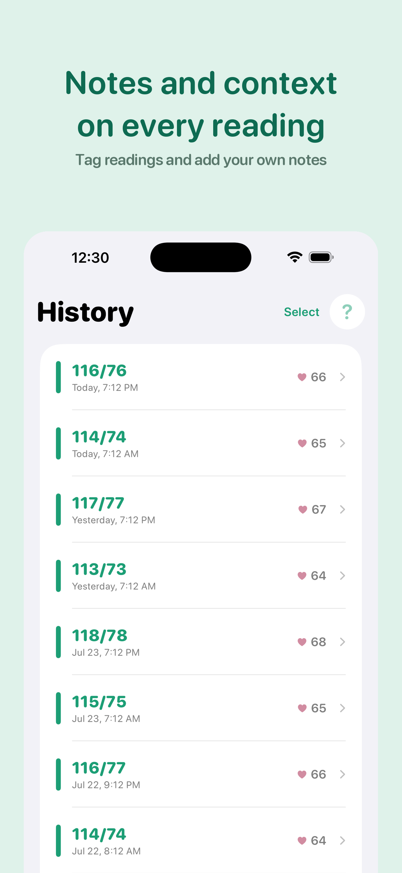 Full history of past readings with notes