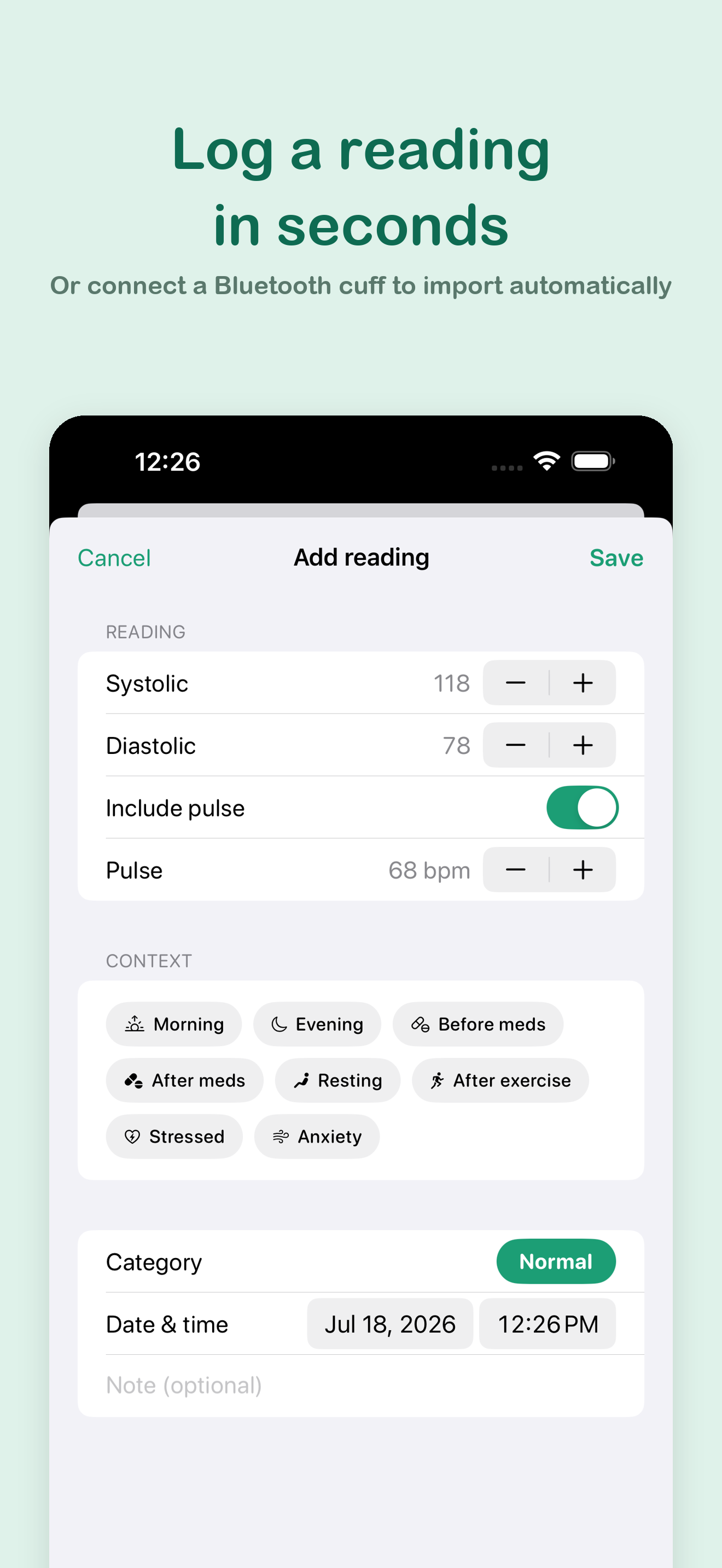 Adding a new reading with systolic, diastolic, and pulse